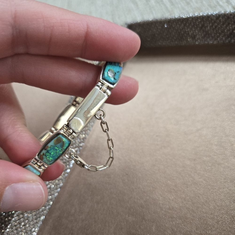 Vintage Navajo Calvin Begay Sterling Opal Bracelet - Picture 10 of 12
